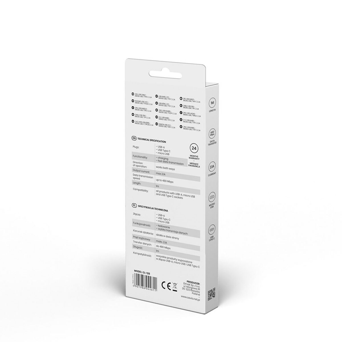 Cablu USB la Micro USB și USB C Savio CL-128 Negru 1 m